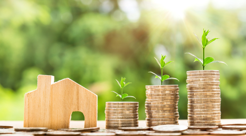 Artificial small plants grow on coins next to the wooden toy house.
